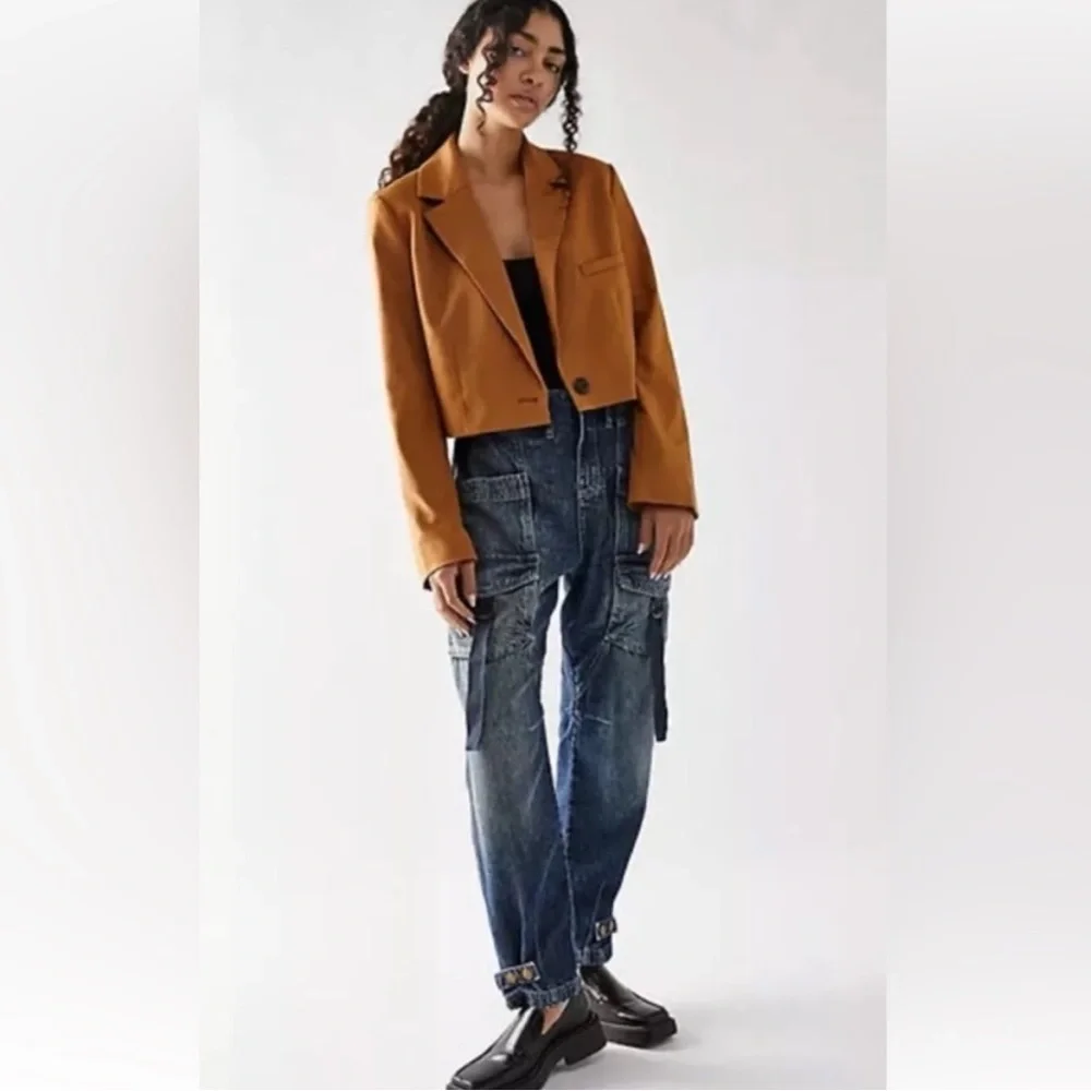 Free People Hazel‎ Pull On Drop Waist Jeans Cargo Pockets Smocked Waist size L